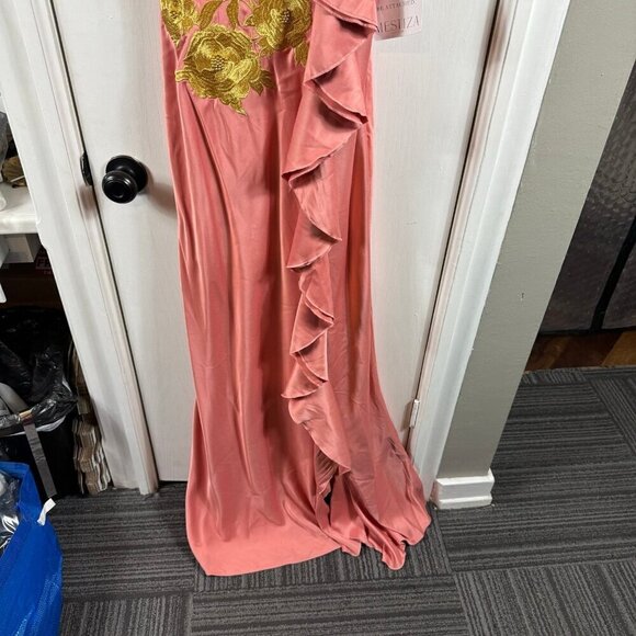 Mestiza New York Pink Satin Floral Appliqué Ruffle Gown Size 8 - Picture 6 of 12